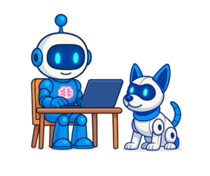 Brainio mascot studying with a laptop on a desk and the dog byte is next to him. 